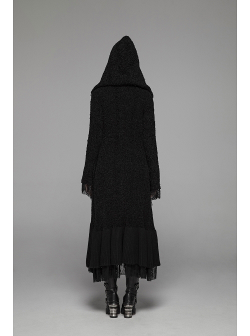 Metal Retro Pattern Hasp Horn Sleeve Lace Hem Black Gothic Thickened Wool Woven Hooded Long Coat