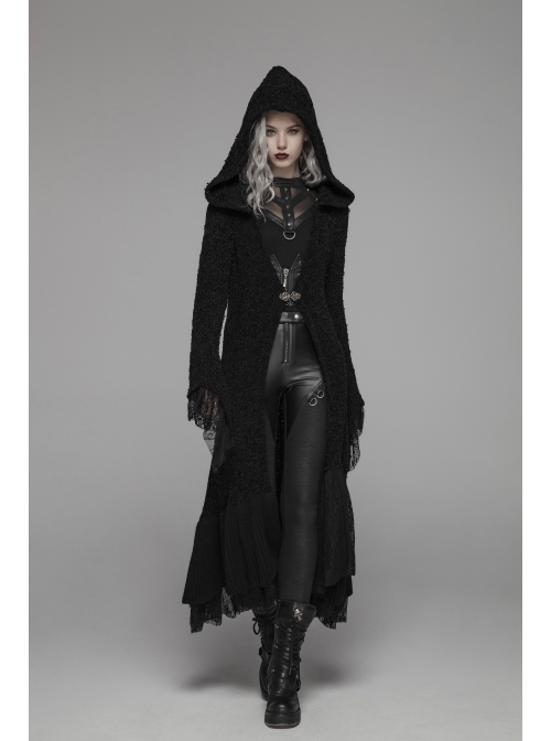 Metal Retro Pattern Hasp Horn Sleeve Lace Hem Black Gothic Thickened Wool Woven Hooded Long Coat