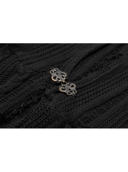 Metal Retro Pattern Hasp Horn Sleeve Lace Hem Black Gothic Thin Wool Woven Hooded Long Coat