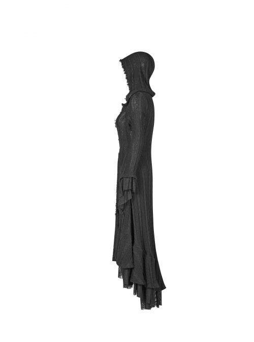 Metal Retro Pattern Hasp Horn Sleeve Lace Hem Black Gothic Thin Wool Woven Hooded Long Coat