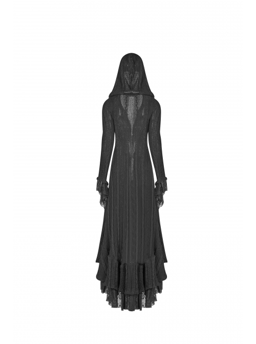 Metal Retro Pattern Hasp Horn Sleeve Lace Hem Black Gothic Thin Wool Woven Hooded Long Coat