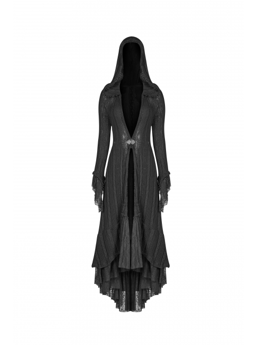 Metal Retro Pattern Hasp Horn Sleeve Lace Hem Black Gothic Thin Wool Woven Hooded Long Coat