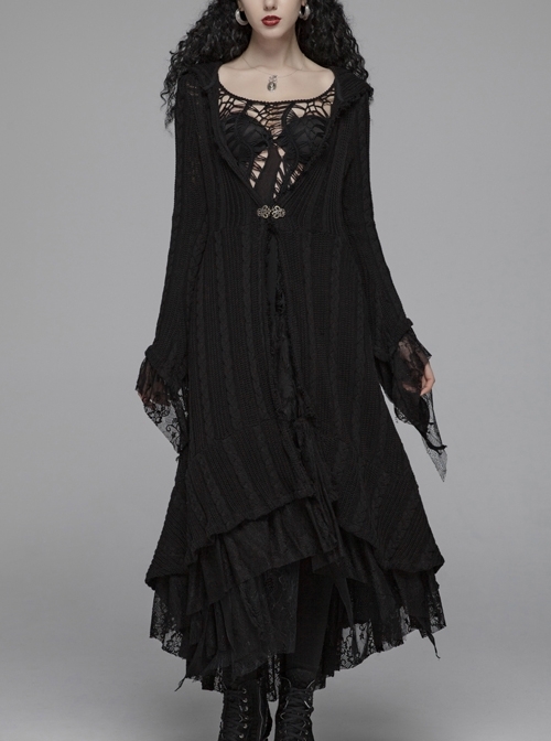 Metal Retro Pattern Hasp Horn Sleeve Lace Hem Black Gothic Thin Wool Woven Hooded Long Coat
