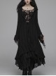 Metal Retro Pattern Hasp Horn Sleeve Lace Hem Black Gothic Thin Wool Woven Hooded Long Coat