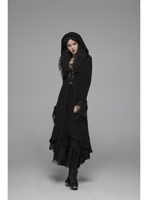 Metal Retro Pattern Hasp Horn Sleeve Lace Hem Black Gothic Thin Wool Woven Hooded Long Coat