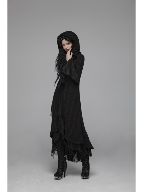 Metal Retro Pattern Hasp Horn Sleeve Lace Hem Black Gothic Thin Wool Woven Hooded Long Coat