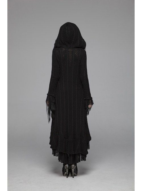 Metal Retro Pattern Hasp Horn Sleeve Lace Hem Black Gothic Thin Wool Woven Hooded Long Coat
