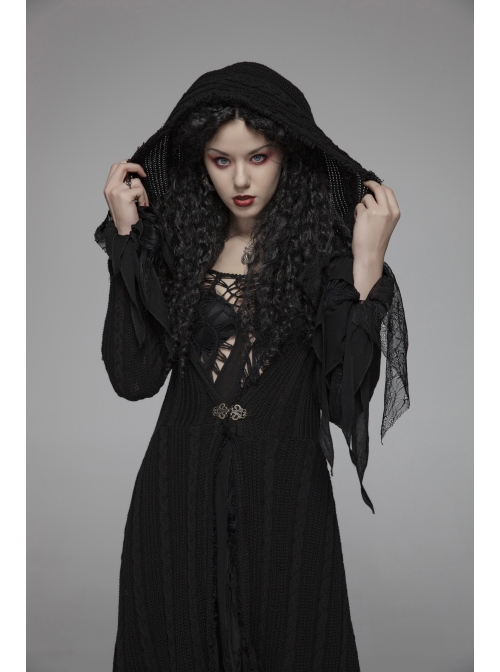 Metal Retro Pattern Hasp Horn Sleeve Lace Hem Black Gothic Thin Wool Woven Hooded Long Coat