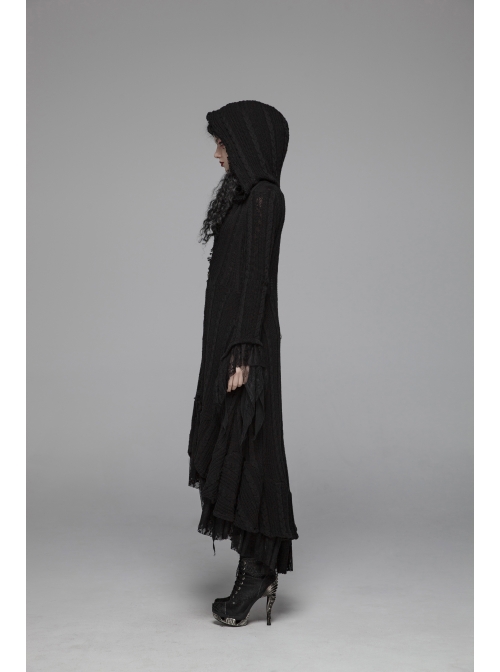 Metal Retro Pattern Hasp Horn Sleeve Lace Hem Black Gothic Thin Wool Woven Hooded Long Coat