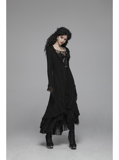 Metal Retro Pattern Hasp Horn Sleeve Lace Hem Black Gothic Thin Wool Woven Hooded Long Coat