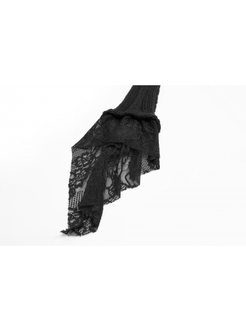 Metal Retro Pattern Hasp Horn Sleeve Lace Hem Black Gothic Thin Wool Woven Hooded Long Coat
