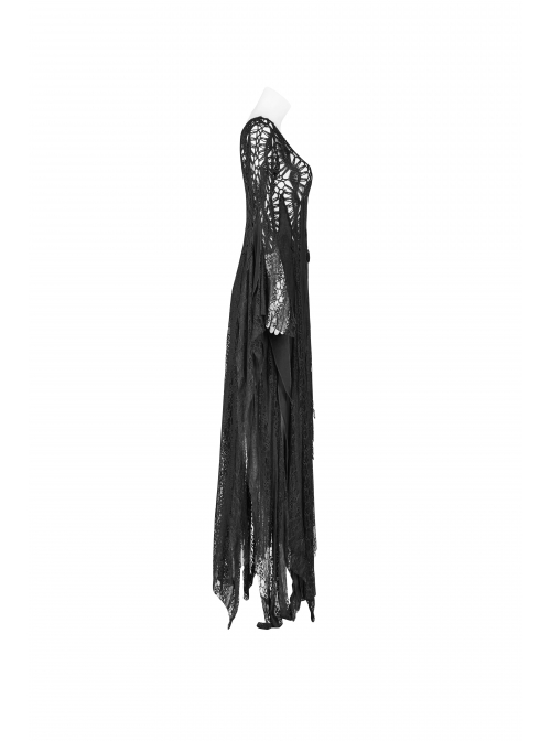 Black Hollow-Out Perspective Wool Fabric Square Collar Horn Sleeves Irregular Lace Hem Gothic Long Dress