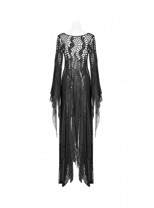 Black Hollow-Out Perspective Wool Fabric Square Collar Horn Sleeves Irregular Lace Hem Gothic Long Dress