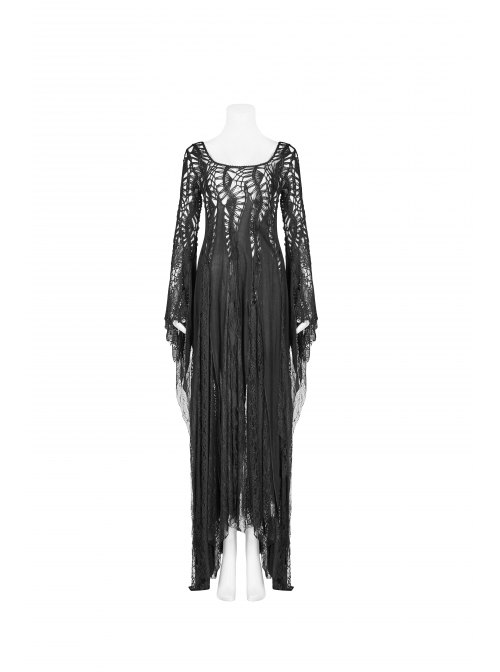 Black Hollow-Out Perspective Wool Fabric Square Collar Horn Sleeves Irregular Lace Hem Gothic Long Dress