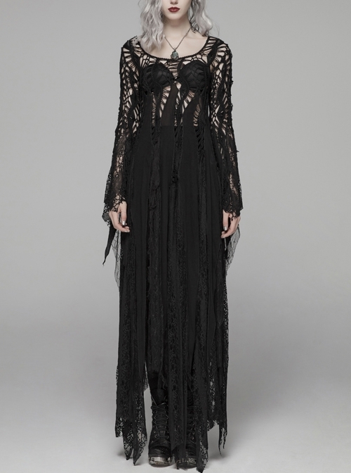 Black Hollow-Out Perspective Wool Fabric Square Collar Horn Sleeves Irregular Lace Hem Gothic Long Dress
