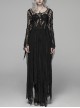 Black Hollow-Out Perspective Wool Fabric Square Collar Horn Sleeves Irregular Lace Hem Gothic Long Dress