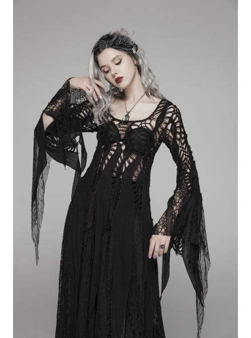 Black Hollow-Out Perspective Wool Fabric Square Collar Horn Sleeves Irregular Lace Hem Gothic Long Dress
