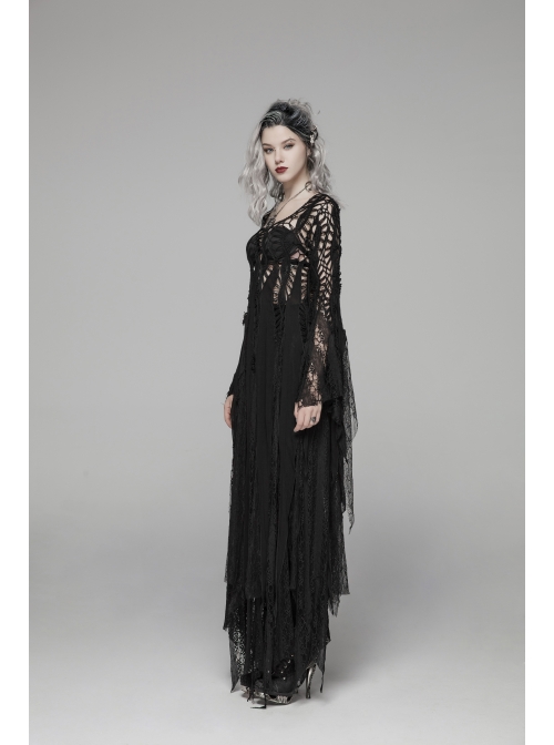 Black Hollow-Out Perspective Wool Fabric Square Collar Horn Sleeves Irregular Lace Hem Gothic Long Dress