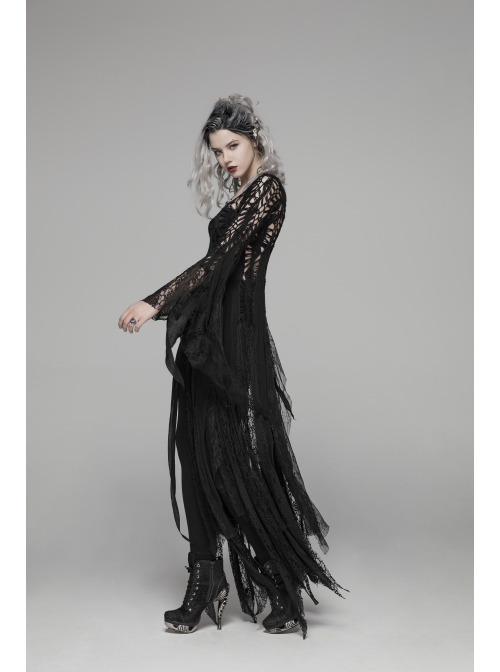 Black Hollow-Out Perspective Wool Fabric Square Collar Horn Sleeves Irregular Lace Hem Gothic Long Dress