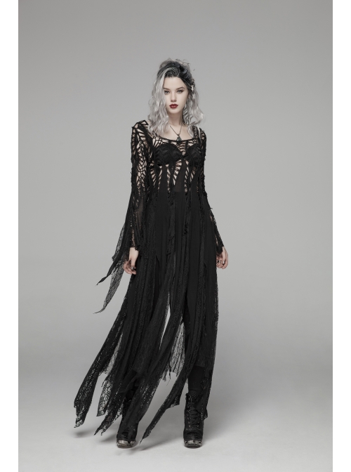 Black Hollow-Out Perspective Wool Fabric Square Collar Horn Sleeves Irregular Lace Hem Gothic Long Dress