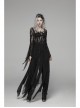 Black Hollow-Out Perspective Wool Fabric Square Collar Horn Sleeves Irregular Lace Hem Gothic Long Dress