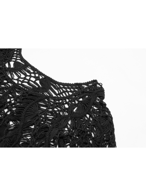 Black Hollow-Out Perspective Wool Fabric Square Collar Horn Sleeves Irregular Lace Hem Gothic Long Dress