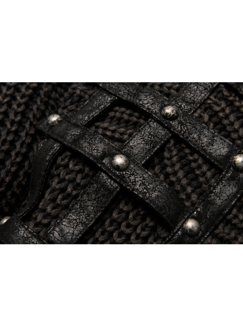 Shoulder Texture PU Leather Loop Long Sleeves Black Punk Cotton Wool Knit Hooded Sweater