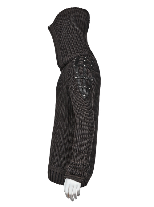 Shoulder Texture PU Leather Loop Long Sleeves Black Punk Cotton Wool Knit Hooded Sweater