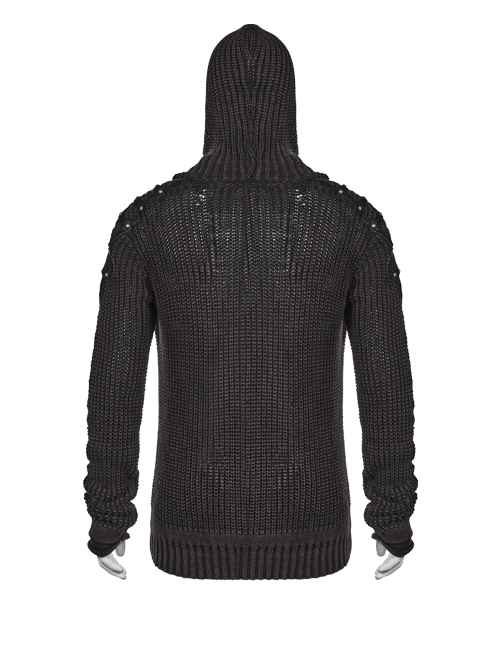 Shoulder Texture PU Leather Loop Long Sleeves Black Punk Cotton Wool Knit Hooded Sweater
