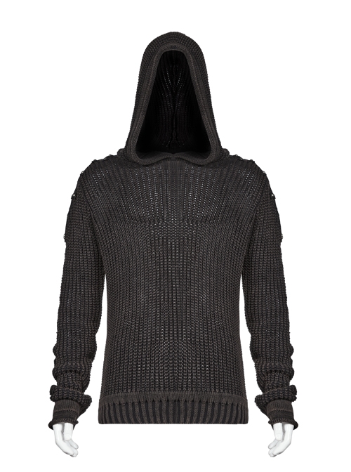 Shoulder Texture PU Leather Loop Long Sleeves Black Punk Cotton Wool Knit Hooded Sweater