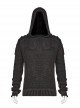Shoulder Texture PU Leather Loop Long Sleeves Black Punk Cotton Wool Knit Hooded Sweater