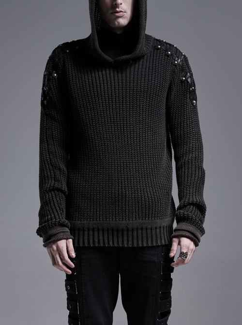 Shoulder Texture PU Leather Loop Long Sleeves Black Punk Cotton Wool Knit Hooded Sweater