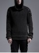 Shoulder Texture PU Leather Loop Long Sleeves Black Punk Cotton Wool Knit Hooded Sweater