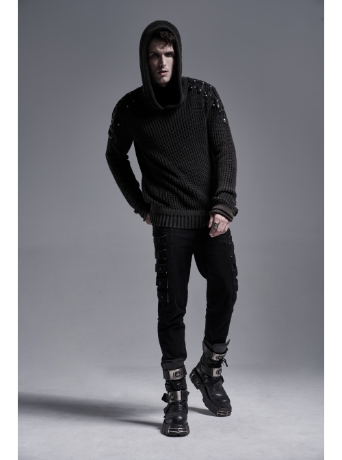 Shoulder Texture PU Leather Loop Long Sleeves Black Punk Cotton Wool Knit Hooded Sweater