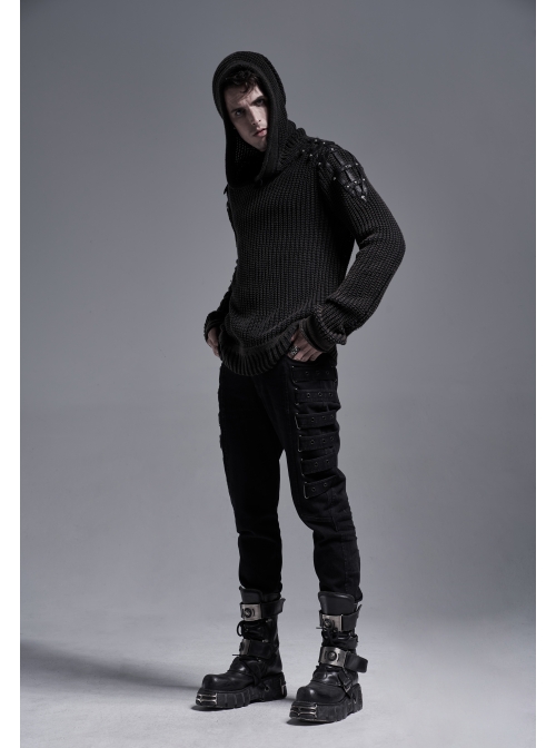 Shoulder Texture PU Leather Loop Long Sleeves Black Punk Cotton Wool Knit Hooded Sweater