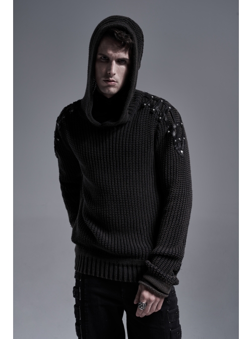Shoulder Texture PU Leather Loop Long Sleeves Black Punk Cotton Wool Knit Hooded Sweater