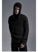 Shoulder Texture PU Leather Loop Long Sleeves Black Punk Cotton Wool Knit Hooded Sweater