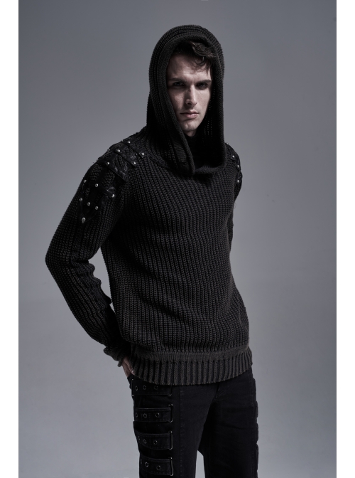 Shoulder Texture PU Leather Loop Long Sleeves Black Punk Cotton Wool Knit Hooded Sweater
