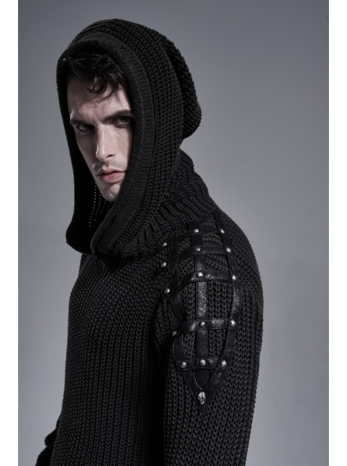 Shoulder Texture PU Leather Loop Long Sleeves Black Punk Cotton Wool Knit Hooded Sweater