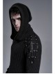 Shoulder Texture PU Leather Loop Long Sleeves Black Punk Cotton Wool Knit Hooded Sweater