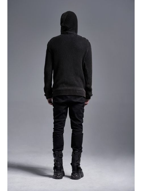 Shoulder Texture PU Leather Loop Long Sleeves Black Punk Cotton Wool Knit Hooded Sweater