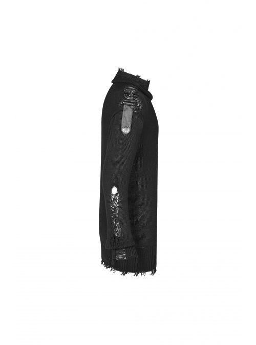 High Collar Shoulder Splice Pressurized Woven Metal Buckle Rough Selvedge Hem Black Punk Sweater