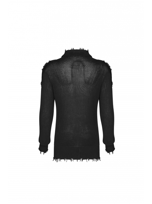 High Collar Shoulder Splice Pressurized Woven Metal Buckle Rough Selvedge Hem Black Punk Sweater