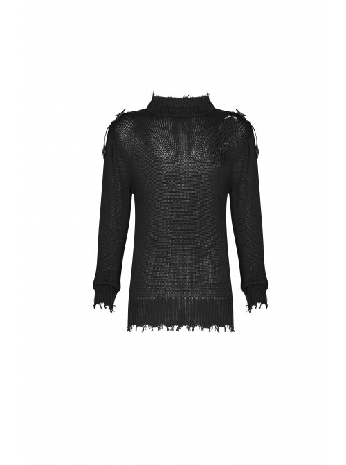 High Collar Shoulder Splice Pressurized Woven Metal Buckle Rough Selvedge Hem Black Punk Sweater
