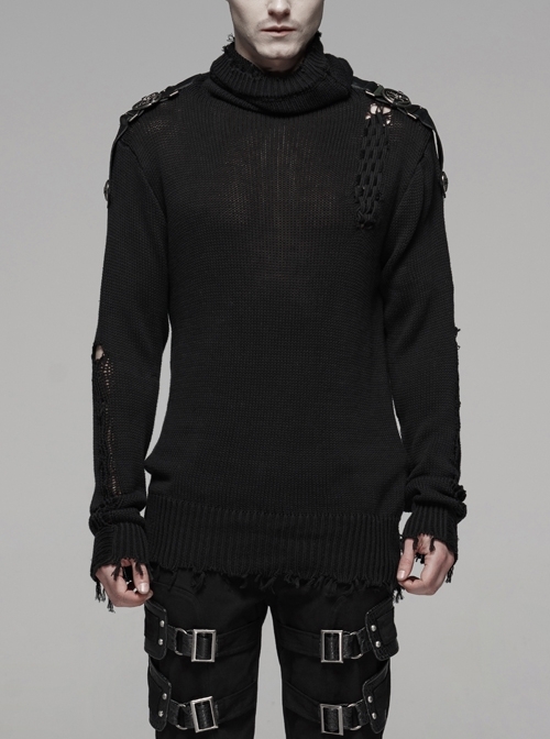 High Collar Shoulder Splice Pressurized Woven Metal Buckle Rough Selvedge Hem Black Punk Sweater