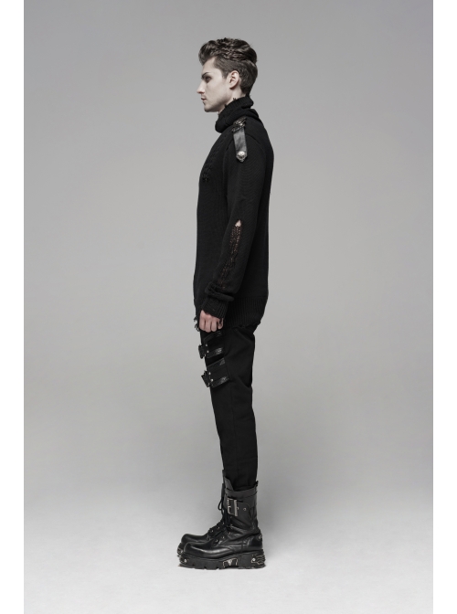 High Collar Shoulder Splice Pressurized Woven Metal Buckle Rough Selvedge Hem Black Punk Sweater