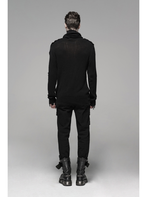 High Collar Shoulder Splice Pressurized Woven Metal Buckle Rough Selvedge Hem Black Punk Sweater