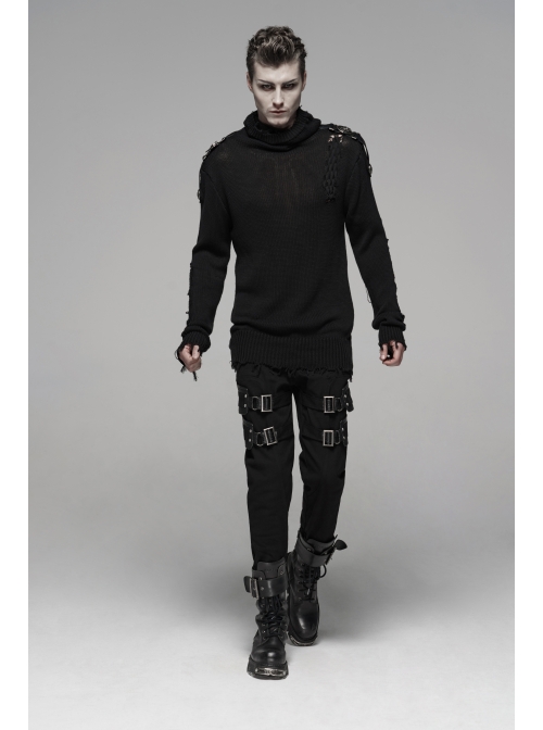 High Collar Shoulder Splice Pressurized Woven Metal Buckle Rough Selvedge Hem Black Punk Sweater