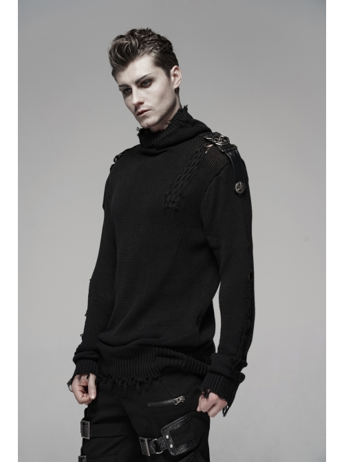High Collar Shoulder Splice Pressurized Woven Metal Buckle Rough Selvedge Hem Black Punk Sweater