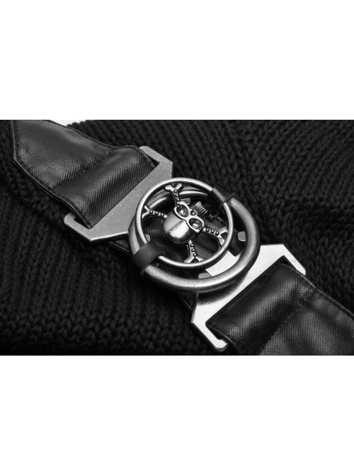 High Collar Shoulder Splice Pressurized Woven Metal Buckle Rough Selvedge Hem Black Punk Sweater